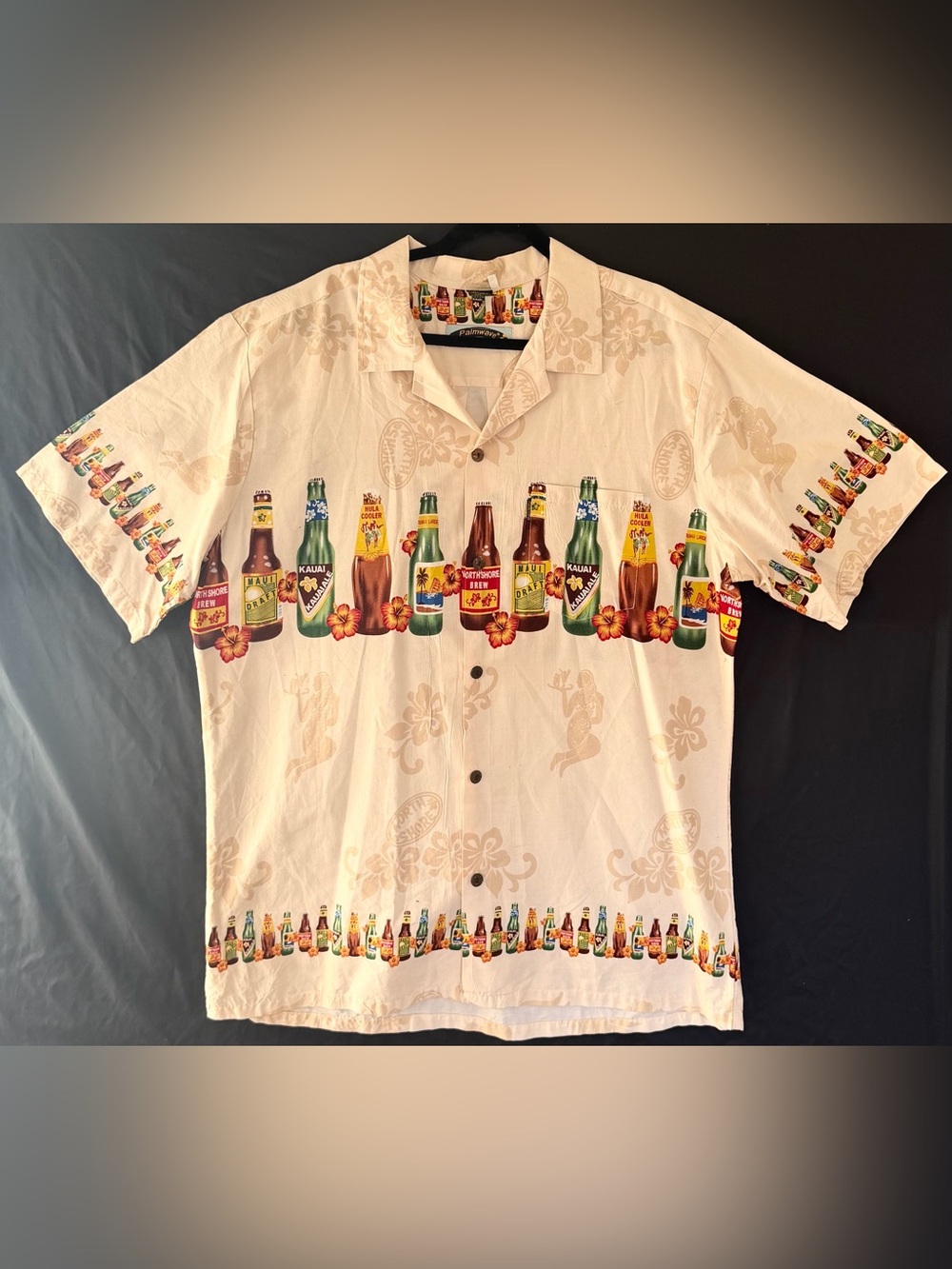 Palmwave Hawaiian Size 3XL Beer All Over Print North Shore Button Up Shirt EUC